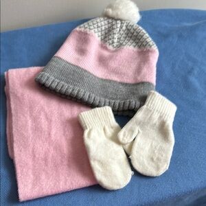 Kids Pink and Gray Winter Hat, Scarf, and Mittens Set